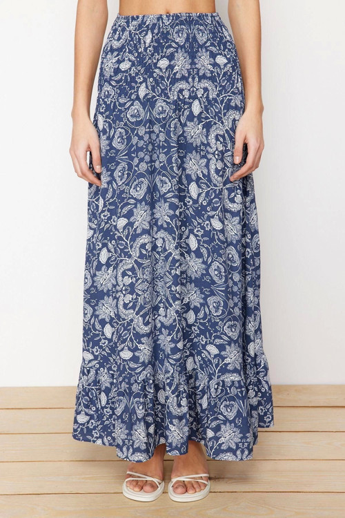 Moda Regular Çiçekli Desen Günlük Maxi Boy Etek Ucu Fırfırlı A-line Midi Boy Dokuma Etek