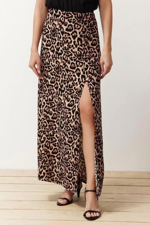 Moda Regular Baskılı Desen Günlük Maxi Boy Leopar Desenli Yırtmaç Detaylı Viskon Kumaş Dokuma Etek