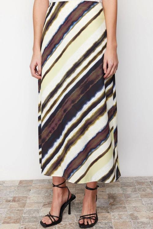 Moda Regular Batik Desen Resmi Midi Boy Saten Desenli A-line Midi Boy Dokuma Etek