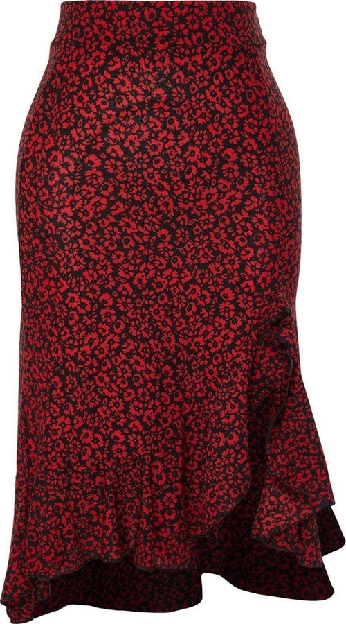 Moda Regular Puantiyeli Desen Günlük Çiçekli Fırfırlı Yırtmaçlı Esnek Midi Örme Etek
