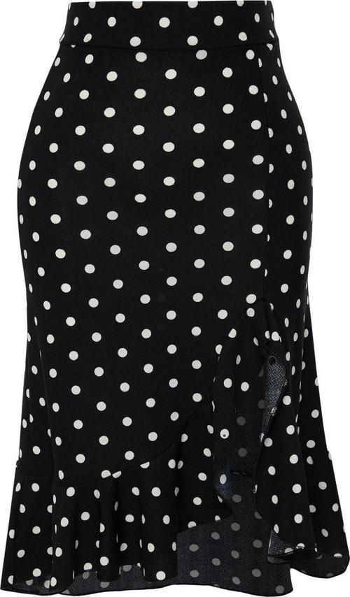 Moda Regular Puantiyeli Desen Günlük Çiçekli Fırfırlı Yırtmaçlı Esnek Midi Örme Etek