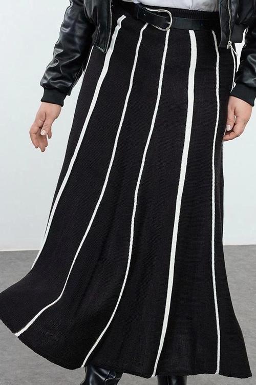 Modern Tarz Büyük Beden Astarsız Triko Maxi Boy Çizgili Midi Boy Triko Etek