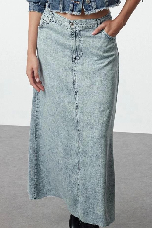 Modern Tarz Astarsız Denim Midi Boy Premium %100 Tencel Maxi Denim Etek