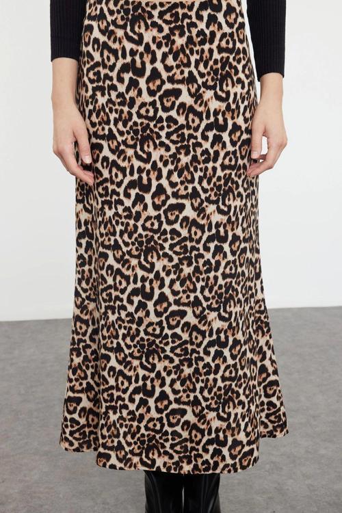 Modern Tarz Astarsız Dokuma Maxi Boy Leopar Animal Desenli Maxi Boy Dokuma Etek