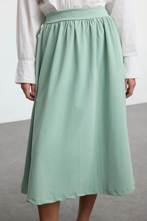 Modern Tarz Astarsız Örme Midi Boy Beli Lastikli Dokuma Görünümlü Örme Kloş Etek