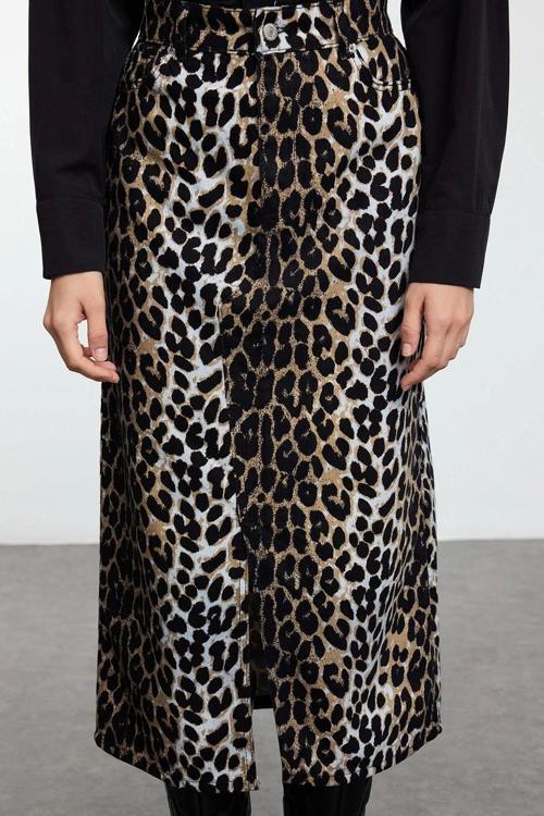 Modern Tarz Astarsız Dokuma Maxi Boy Animal Leopar Desenli Önden Yırtmaçlı Maxi Boy Dokuma Etek