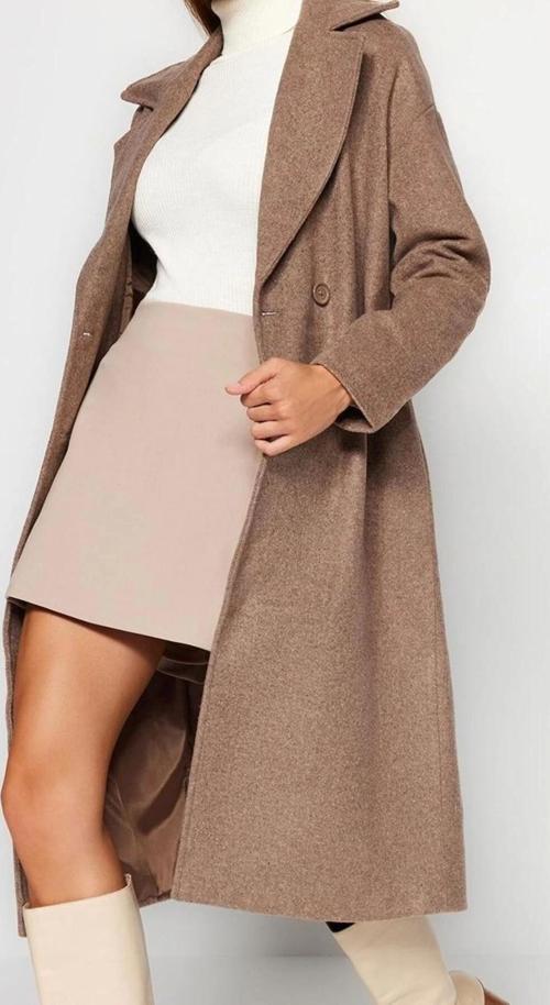 Tasarım Düz Astarlı Yaka Uzun Oversize Ceket Kadın Oversize Geniş Kesim Uzun Yünlü Kaşe Kaban