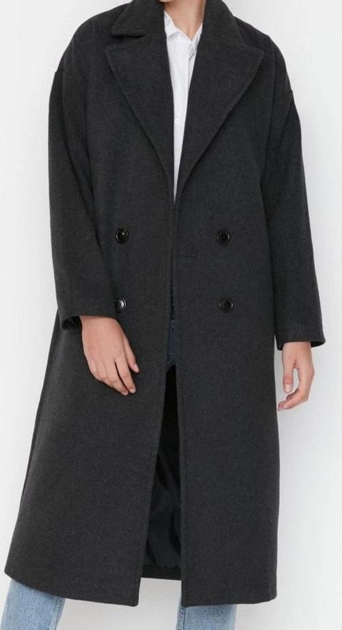 Tasarım Düz Astarlı Yaka Uzun Oversize Ceket Kadın Oversize Geniş Kesim Uzun Yünlü Kaşe Kaban