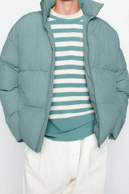 Tasarım Düz Astarlı Yaka Standart Bol Dik Unisex Oversize Fit Dik Yaka Şişme Kışlık Mont