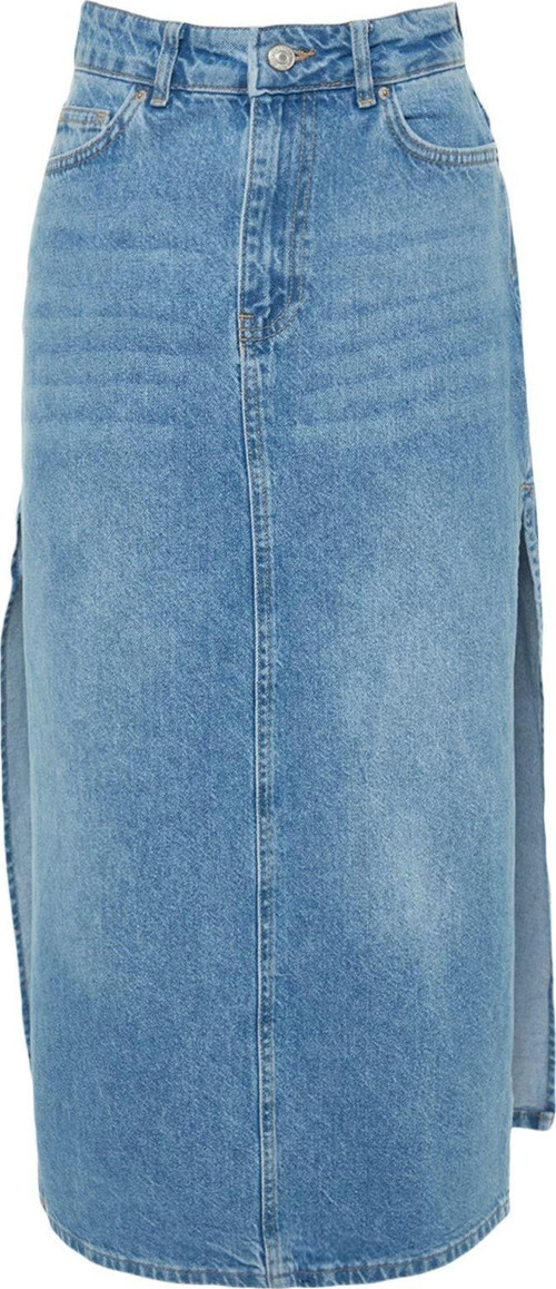 Modern Tarz Astarsız Denim Maxi Boy Yırtmaçlı Yüksek Bel Maxi Denim Etek