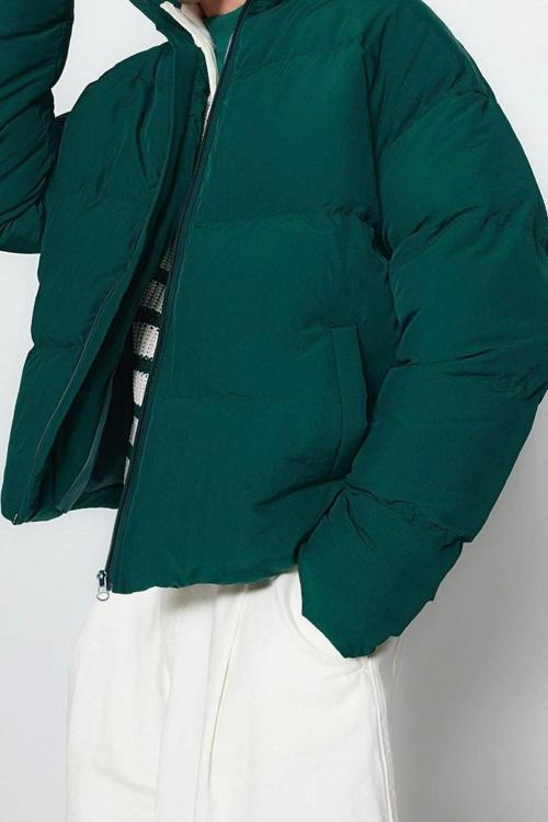 Tasarım Düz Astarlı Yaka Standart Bol Dik Unisex Oversize Fit Dik Yaka Şişme Kışlık Mont