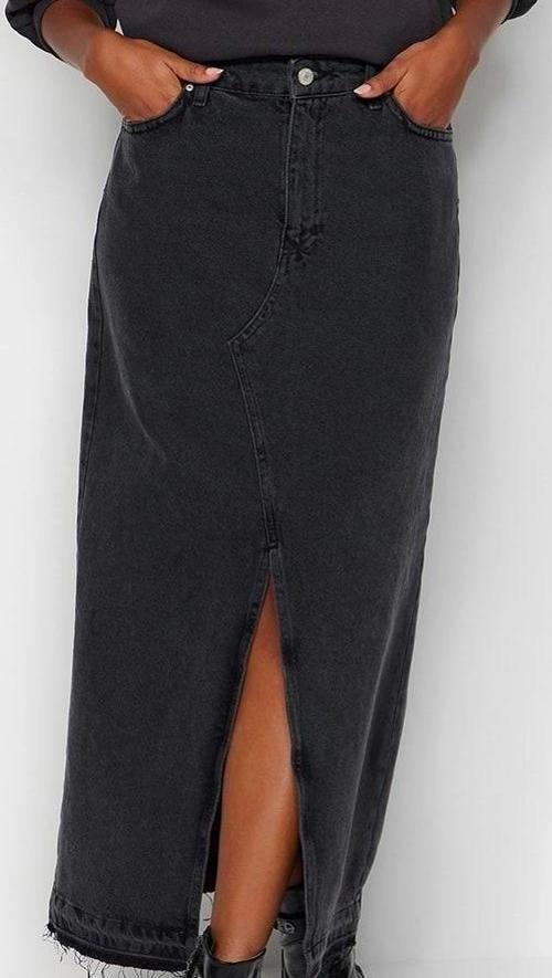 Modern Tarz Astarsız Denim Maxi Boy Yırtmaçlı Maxi Denim Etek