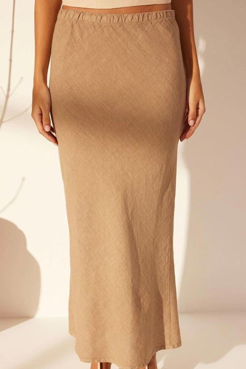 Modern Tarz Astarsız Denim Midi Boy %100 Keten Beli Lastikli Yüksek Bel Midi Etek