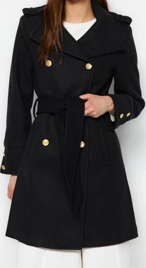 Tasarım Düz Astarlı Yaka Midi Regular Dik Kadın Kuşaklı Düğmeli Yumuşak Dokulu Kaşe Kaban