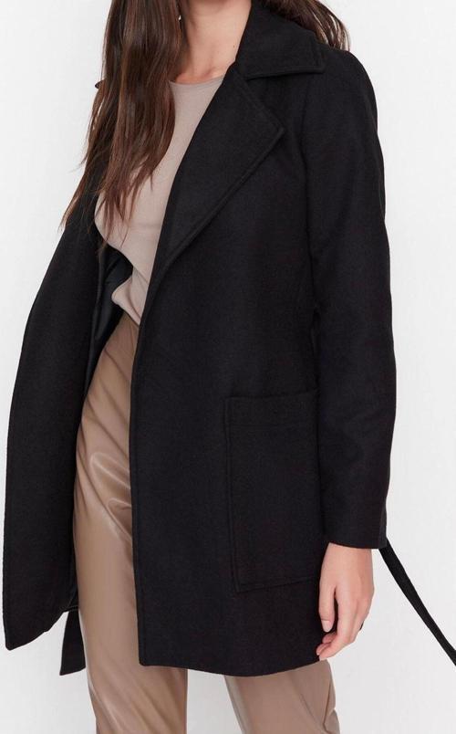 Tasarım Düz Astarlı Yaka Midi Fitted Ceket Kadın Fitted Kuşaklı Yünlü Kaşe Kaban