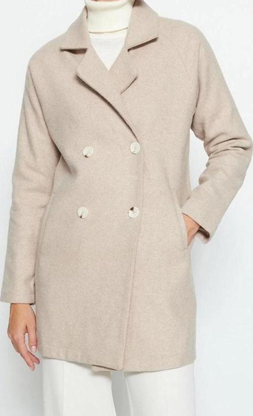 Tasarım Düz Astarlı Yaka Midi Regular Ceket Kadın Yünlü Kaşe Kaban