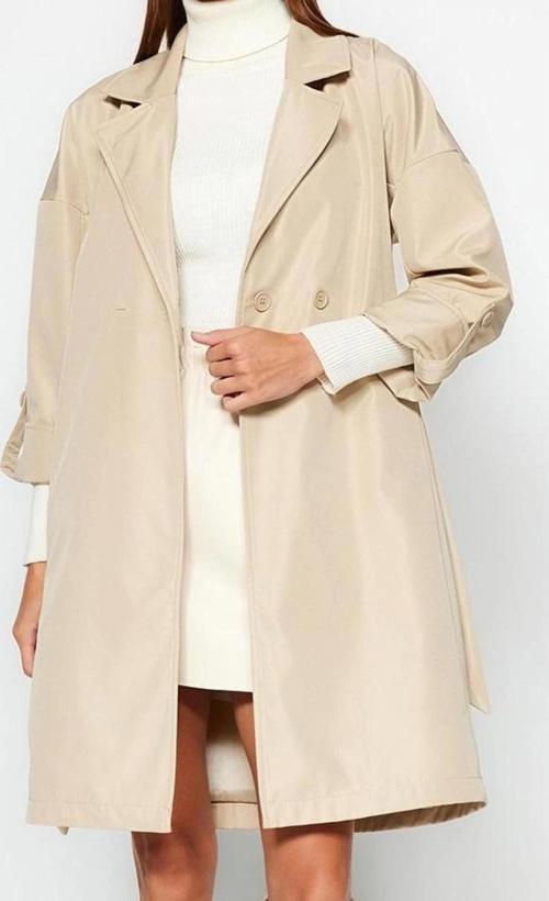 Tasarım Düz Astarlı Yaka Midi Oversize Ceket Kadın Oversize Kuşaklı Su İtici Uzun Trençkot