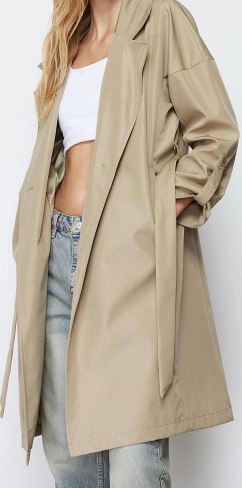 Tasarım Düz Astarlı Yaka Midi Oversize Ceket Kadın Oversize Kuşaklı Su İtici Uzun Trençkot