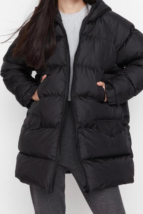 Tasarım Düz Astarlı Yaka Midi Regular Kapüşonlu Kadın Oversize Kapüşonlu Su İtici Şişme Mont