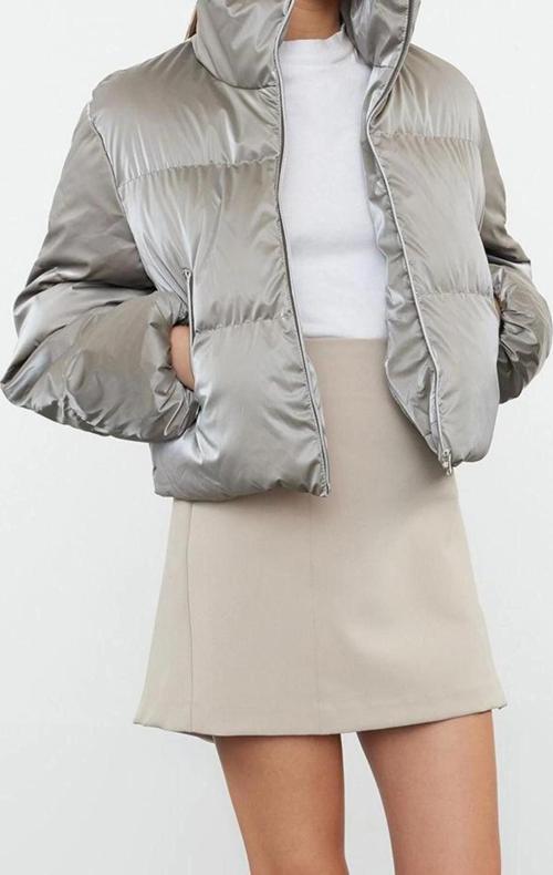 Tasarım Düz Astarlı Yaka Crop Regular Dik Kadın Oversize  Su İtici Şişme Mont