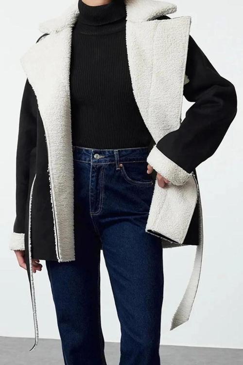 Tasarım Düz Astarsız Yaka Midi Bol Ceket Kadın Oversize Kuşaklı Peluş Detaylı Süet Mont