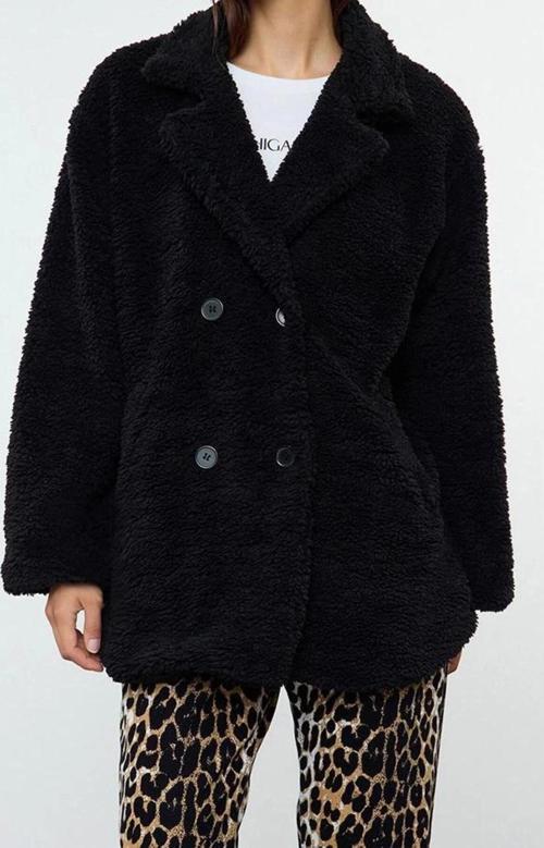 Tasarım Düz Astarlı Yaka Standart Oversize Ceket Kadın Oversize Peluş Midi Kaban