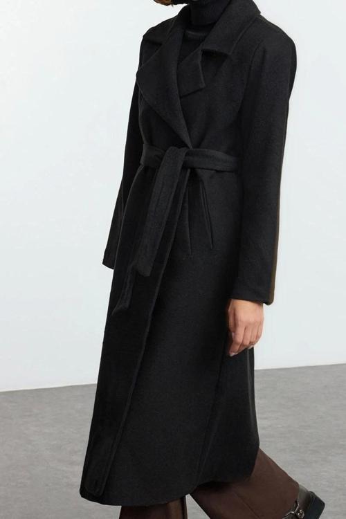 Tasarım Düz Astarlı Yaka Uzun Regular Ceket Kadın Kuşaklı Yünlü Uzun Pardösü Formlu Astarlı Kaban