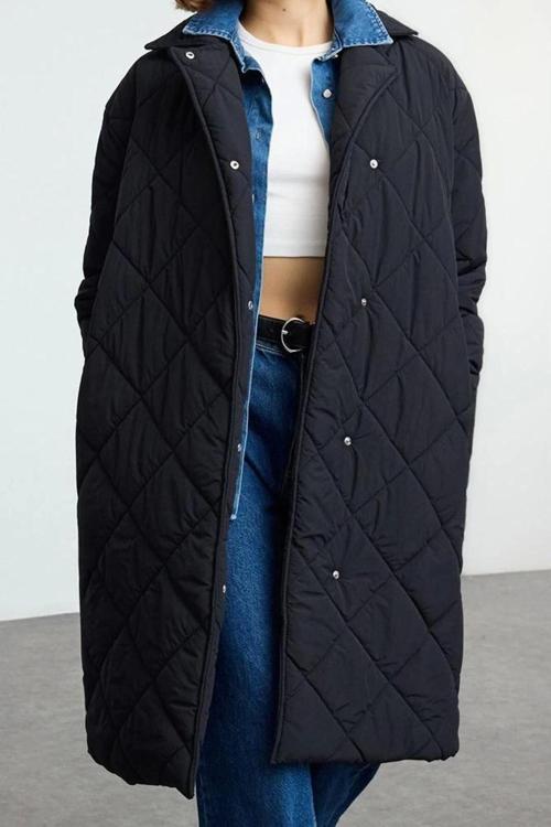 Tasarım Düz Astarlı Yaka Uzun Bol Ceket Kadın Oversize Kuşaklı Uzun Kapitone Şişme Mont