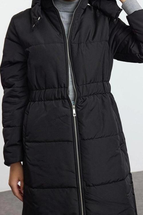 Tasarım Düz Astarlı Yaka Uzun Oversize Dik Kadın Oversize Kapüşonlu Beli Lastikli Uzun Mont