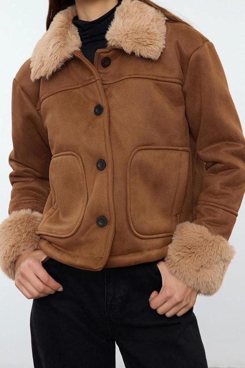 Tasarım Düz Astarlı Yaka Standart Regular Gömlek Kadın Regular Peluş Detaylı Süet Mont