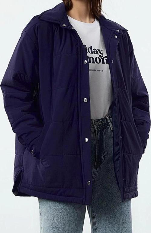 Tasarım Düz Astarlı Yaka Midi Bol Gömlek Kadın Oversize Kapitone Şişme Mont