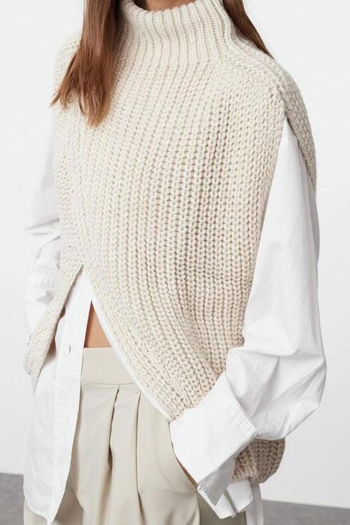 Tasarım Düz Astarlı Yaka Regular Regular Dik Kadın Dik Yaka Yırtmaçlı Süveter