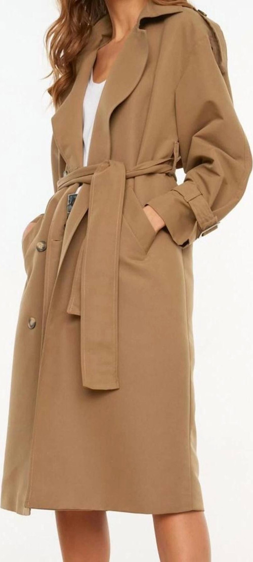 Tasarım Düz Astarlı Yaka Uzun Oversize Ceket Kadın Oversize Kuşaklı Trençkot