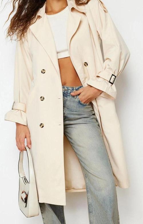 Tasarım Düz Astarlı Yaka Uzun Oversize Ceket Kadın Oversize Kuşaklı Trençkot