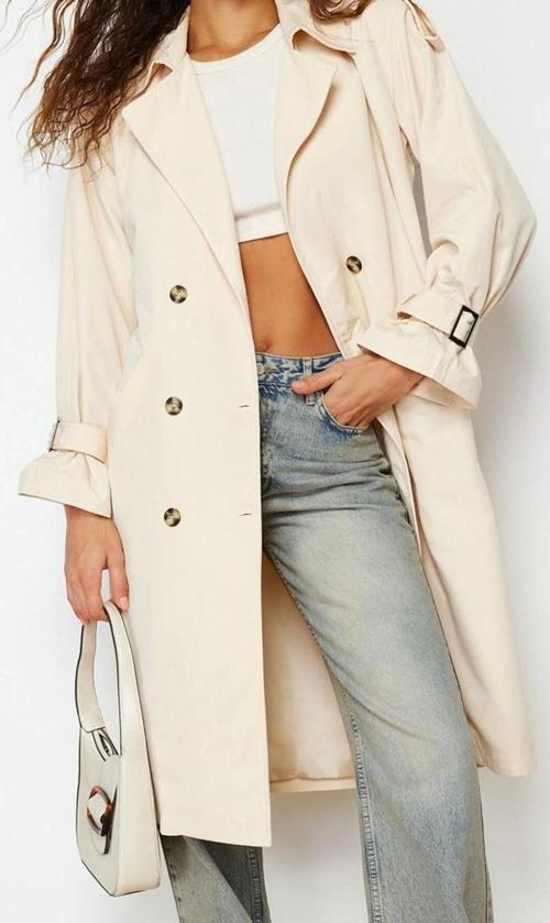 Tasarım Düz Astarlı Yaka Uzun Oversize Ceket Kadın Oversize Kuşaklı Trençkot