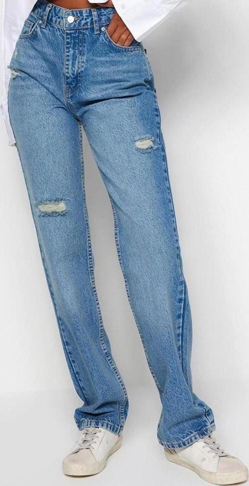Stil Kadın Moda Denim Kot Pantolon Uzun Geniş Paça Antrasit Yırtıklı Yüksek Bel Uzun Jeans