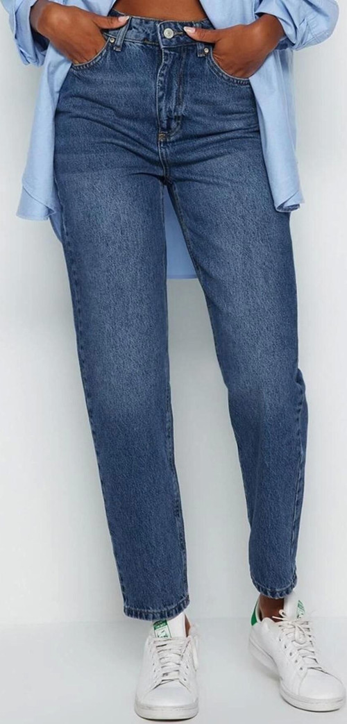 Stil Kadın Moda Denim Kot Pantolon Regular Dar Paça Mavi Yüksek Bel Mom Jeans