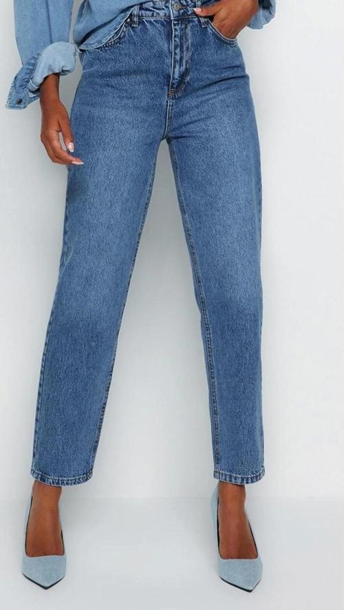 Stil Kadın Moda Denim Kot Pantolon Regular Dar Paça Mavi Yüksek Bel Mom Jeans