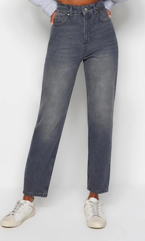 Stil Kadın Moda Denim Kot Pantolon Regular Dar Paça Mavi Yüksek Bel Mom Jeans