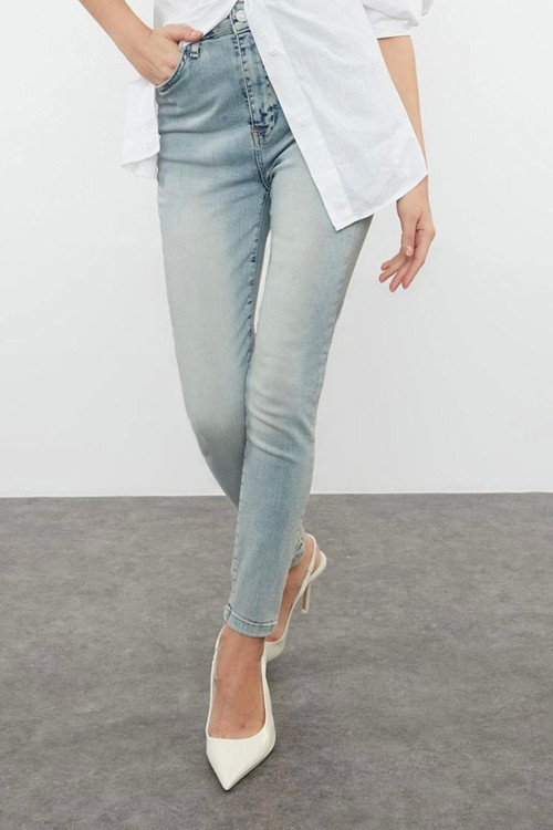 Stil Kadın Moda Denim Kot Pantolon Regular Dar Paça Gri Yüksek Bel Likralı Skinny Jeans