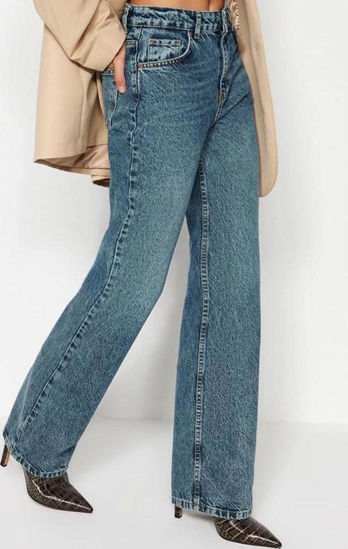 Stil Kadın Moda Denim Kot Pantolon Uzun Geniş Paça Antrasit Yüksek Bel Jeans