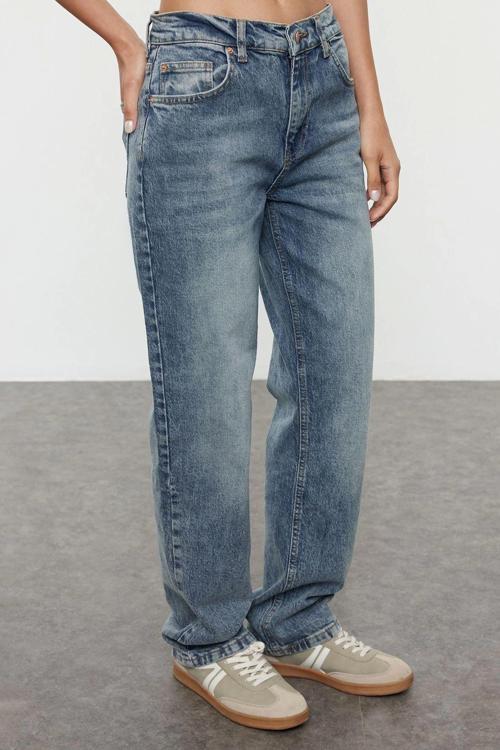 Stil Kadın Moda Denim Kot Pantolon Regular Boru Paça Mavi Soluk Vintage Normal Bel Straight Jeans