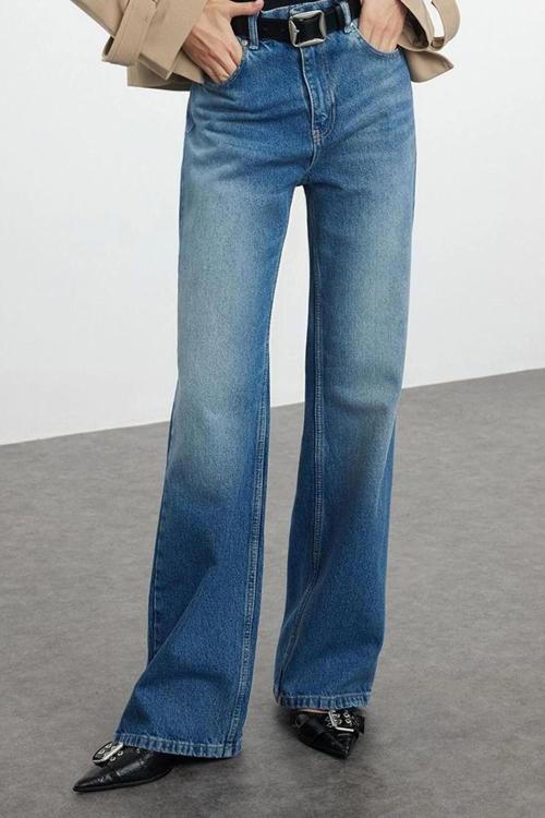 Stil Kadın Moda Denim Kot Pantolon Uzun Geniş Paça Normal Bel Jeans