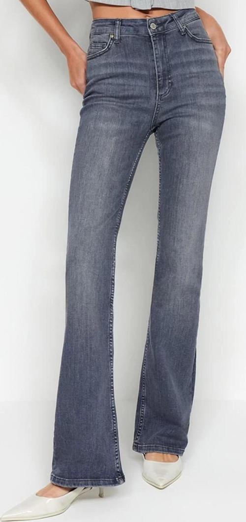 Stil Kadın Moda Denim Kot Pantolon Uzun Dar Paça Gri Yüksek Bel Jeans