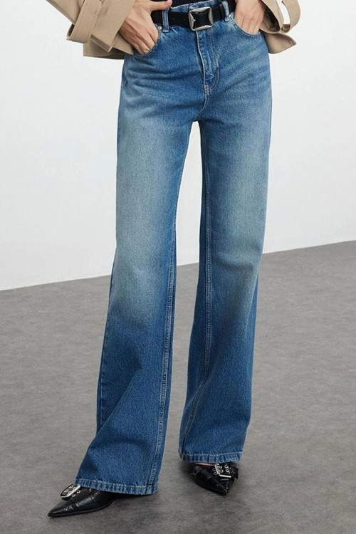 Stil Kadın Moda Denim Kot Pantolon Uzun Geniş Paça Normal Bel Jeans