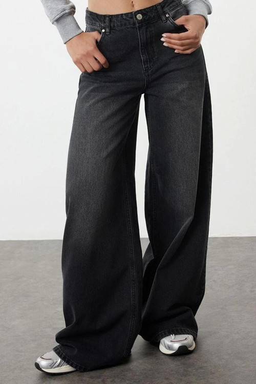Stil Kadın Moda Denim Kot Pantolon Uzun Geniş Paça Yüksek Bel Ekstra Palazzo Jeans