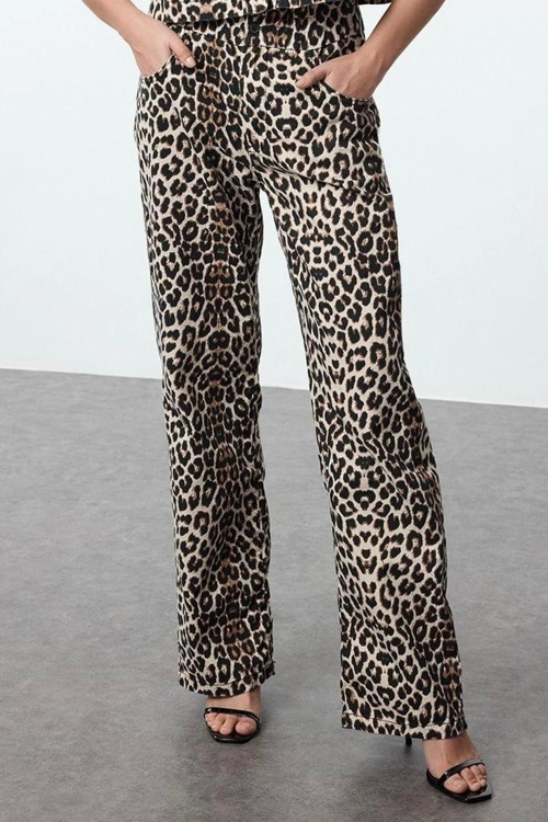 Stil Kadın Moda Denim Kot Pantolon Uzun Geniş Paça Leopar Desenli Yüksek Bel Jeans