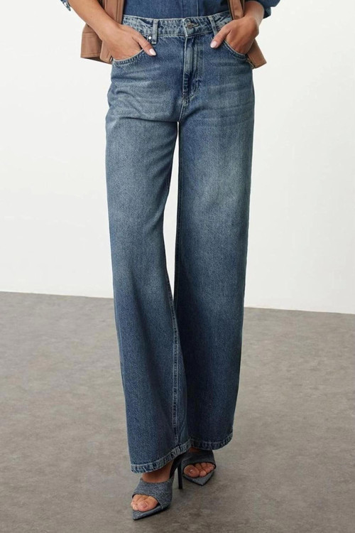 Stil Kadın Moda Denim Kot Pantolon Uzun Geniş Paça Yüksek Bel Jeans