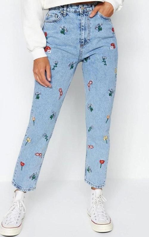 Stil Kadın Moda Denim Kot Pantolon Regular Dar Paça Mavi Nakışlı Yüksek Bel Mom Jeans