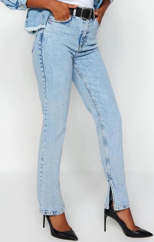 Stil Kadın Moda Denim Kot Pantolon Uzun Boru Paça Yırtmaçlı Yüksek Bel Straight Jeans
